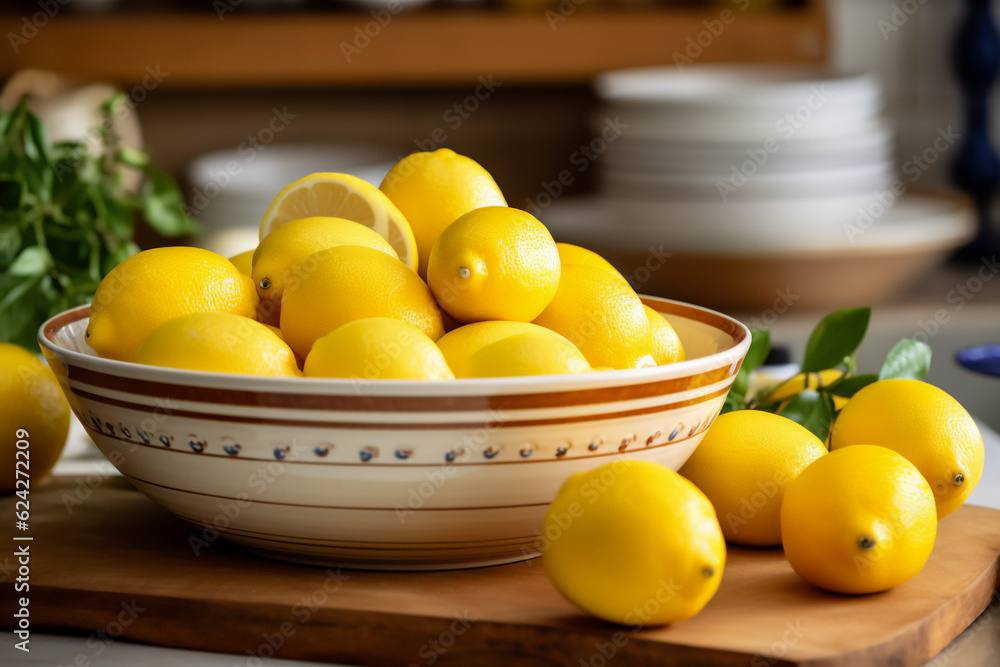 A bowl full of lemons on a wooden kitchen counter. Nicely lit scene, boho style surroundings with accessories around A bowl full of lemons on a wooden kitchen counter. Nicely lit scene, boho style surroundings with accessories around