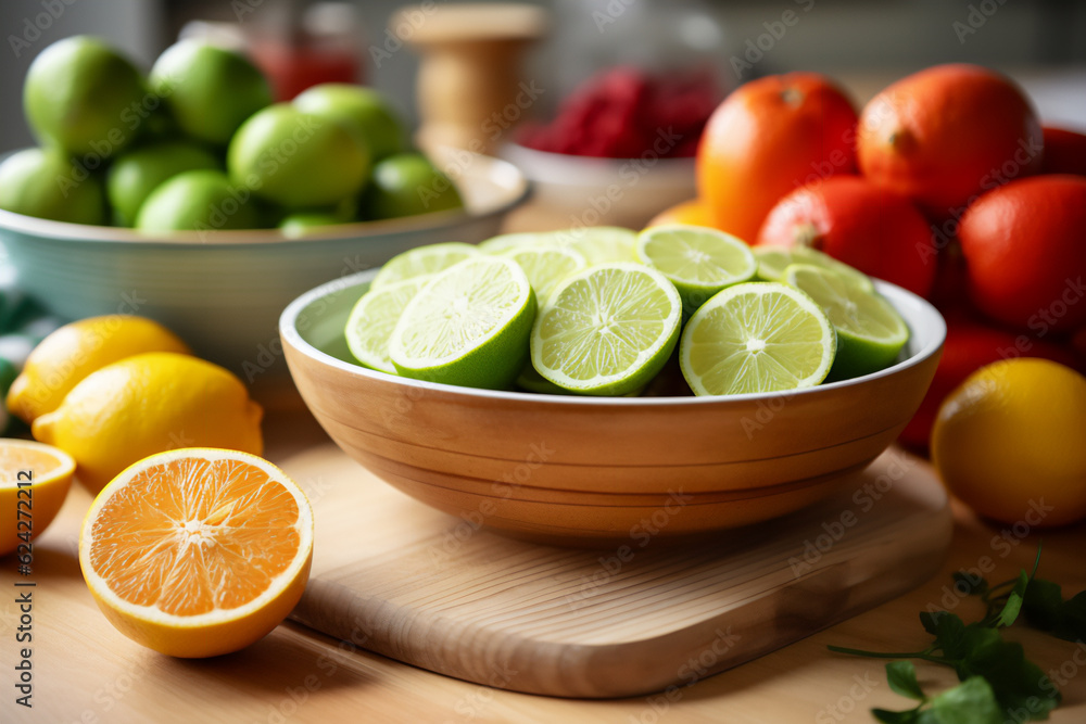 A bowl full of limes on a wooden kitchen counter. Nicely lit scene, boho style surroundings with accessories around A bowl full of limes on a wooden kitchen counter. Nicely lit scene, boho style surroundings with accessories around