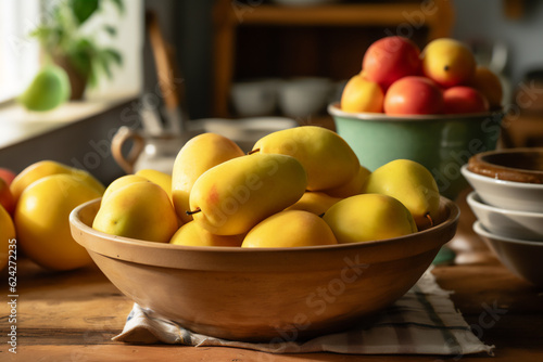 A bowl full of mangoes on a wooden kitchen counter. Nicely lit scene, boho style surroundings with accessories around 