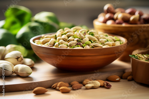 A bowl full of pistachios on a wooden kitchen counter. Nicely lit scene, boho style surroundings with accessories around created by generative ai