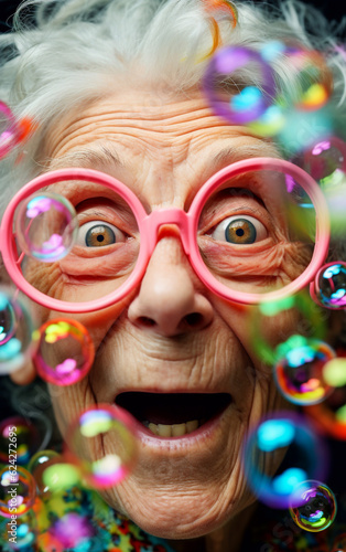 Smiling elderly lady, with a look full of amazement, wears colorful trendy glasses and is surrounded by soap bubbles