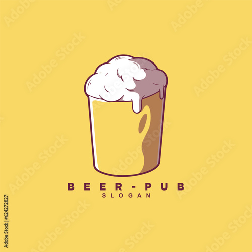Hand drawn vector beer glass logo design isolated on yellow background