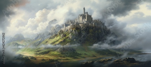 Mysterious medieval castle on a rocky mountain cliff shrouded in dense dark cold morning fog with sunlight barely piercing the cloud cover - generative AI