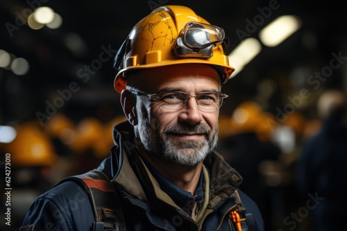 Senior male engineer worker working in a factory in break time. Mature male workers working and wearing safety uniforms, and helmets in industry factory