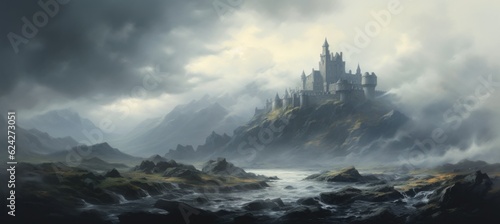 Mysterious medieval castle on a rocky mountain cliff shrouded in dense dark cold morning fog with sunlight barely piercing the cloud cover - generative AI © SoulMyst