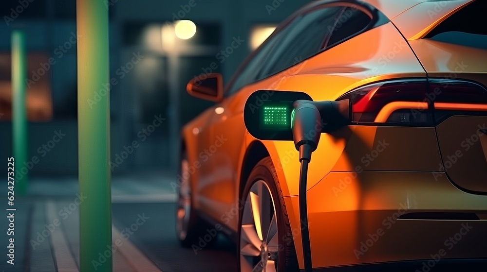 Power supply connected to electric vehicle charge battery. EV charging station for electric car or Plug-in hybrid car. generative ai Power supply connected to electric vehicle charge battery. EV charging station for electric car or Plug-in hybrid car. generative ai
