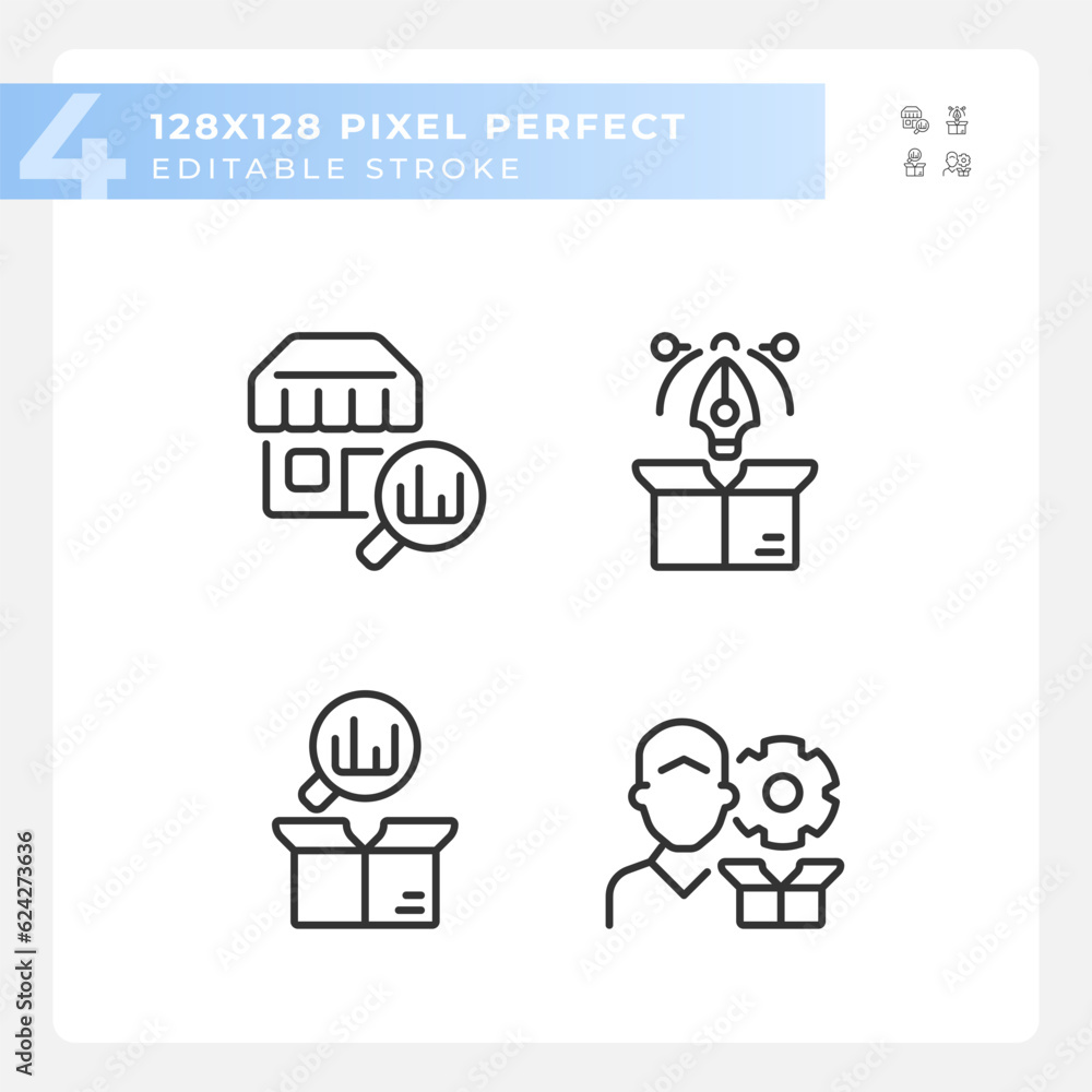 2D pixel perfect black icons set representing product management, editable thin line illustration. 2D pixel perfect black icons set representing product management, editable thin line illustration.
