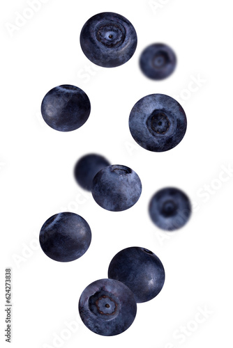 Levitation of blueberries isolated on a transparent background.