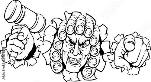 An angry or mean judge cartoon character breaking out of the background pointing and holding his gavel hammer