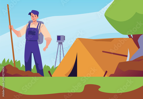 Geological expedition, vector man geologist with shovel stands near tent and measuring instrument, wild outdoor scenery
