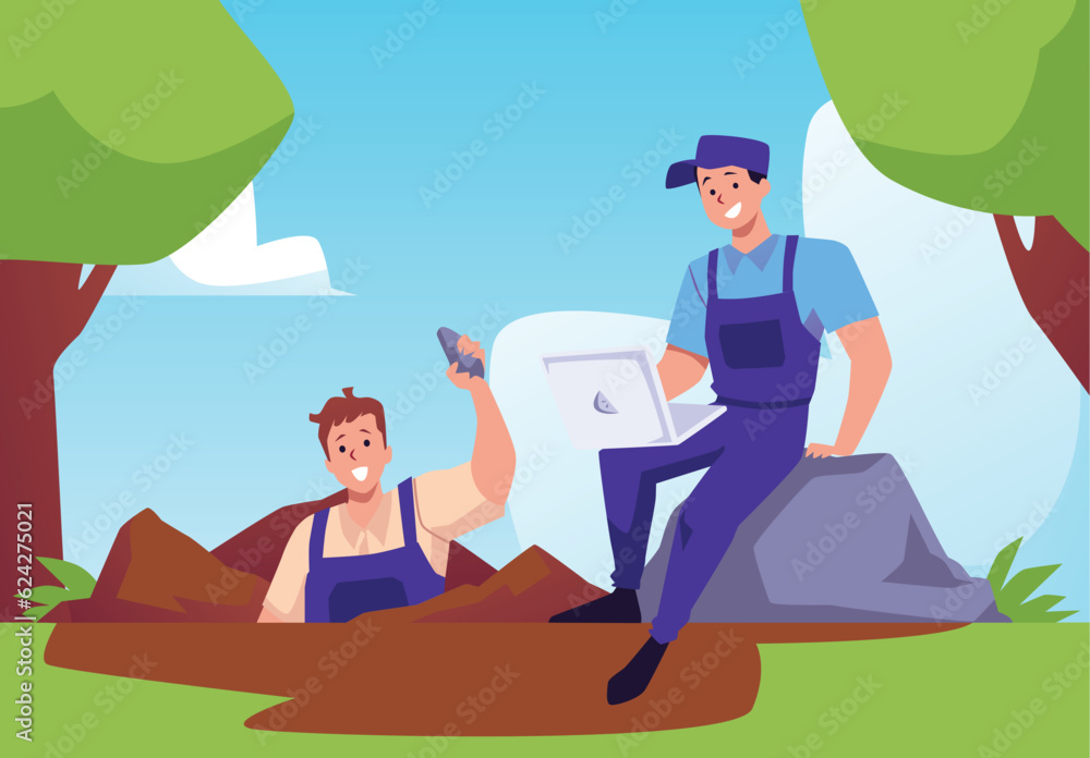Geologists in expedition carry out reconnaissance work, flat vector illustration.