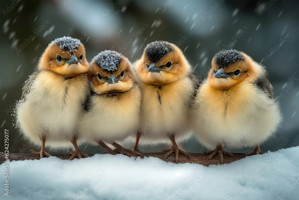 cute baby birds line up on snowy tree branches