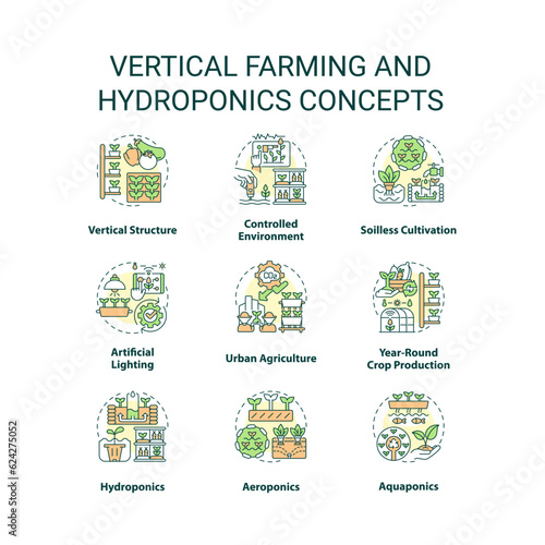Editable icons set representing vertical farming and hydroponics concepts, isolated vector, thin line illustration.