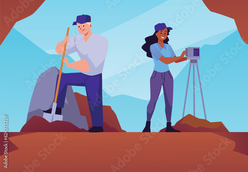 Geologist people in caps working outdoor flat style, vector illustration