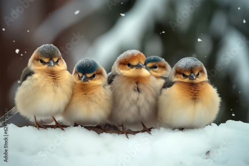 cute baby birds line up on snowy tree branches © imur