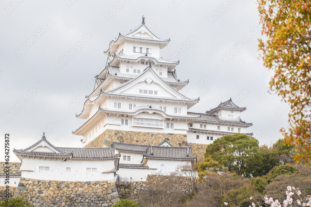 Blooming pink cherry blossom trees at Himeji Castle winter season in Kansai Kyoto Japan Blooming pink cherry blossom trees at Himeji Castle winter season in Kansai Kyoto Japan