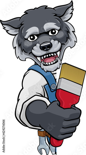 A wolf painter decorator cartoon animal mascot holding a paintbrush peeking around a sign