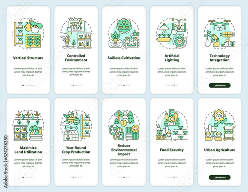 2D icons representing vertical farming and hydroponics mobile app screen set. Walkthrough 5 steps colorful graphic instructions with linear concepts, UI, UX, GUI template.