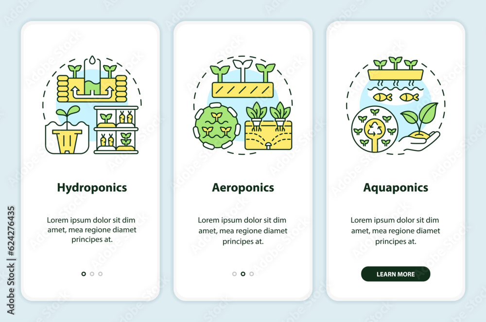 Linear icons representing types of vertical farming mobile app screen set. 3 steps graphic instructions, UI, UX, GUI template.