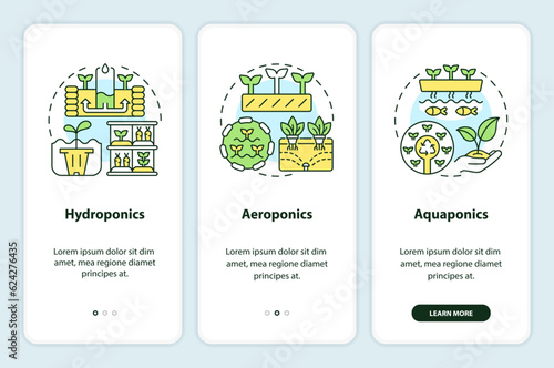 Linear icons representing types of vertical farming mobile app screen set. 3 steps graphic instructions, UI, UX, GUI template.
