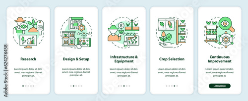 2D linear icons representing vertical farming mobile app screen set. 5 steps graphic instructions, UI, UX, GUI template.