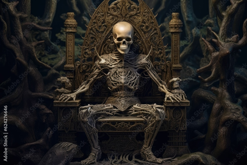 Skeleton king sitting on the throne, dark fantasy