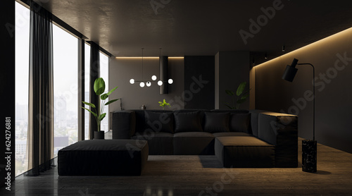 Modern dark living room with window and city view  furniture. Interior design concept. 3D Rendering.