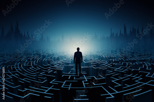 States of mind and psychology concept. Man silhouette in maze or labyrinth. Finding solution and self concept. Generative AI
