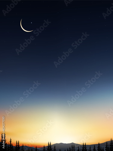 Islamic greeting Ramadan Kareem card design background with Crescent moon on colourful sunset sky background,Vector religions symbolic of Muslim for Ramadan Kareem,Eid Mubarak, Eid al adha.Eid al fitr