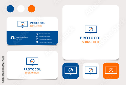 Protocol logo design with editable slogan. Branding book and business card template.