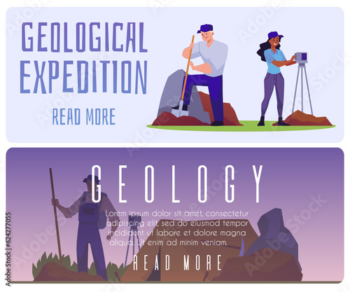 Geological expedition banners or posters collection, flat vector illustration.