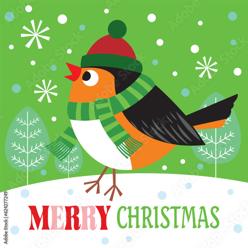 christmas greeting card with robin bird