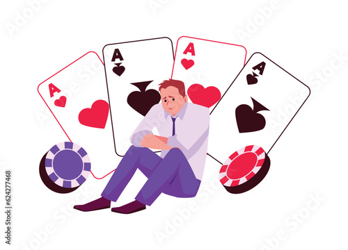 Upset man sitting among aces of different suits flat style, vector illustration