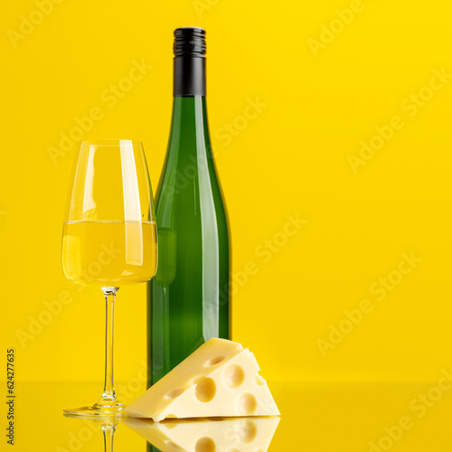 White wine poured into a glass, accompanied by a cheese