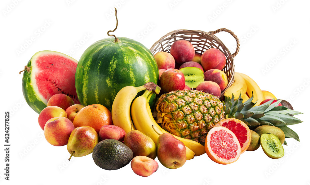 PNG, Still life of tropical fruits. Pineapple, watermelon, pears, apples, peaches, grapefruit, kiwi, pears, avocados. Isolate