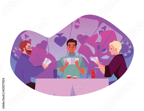 Men play poker gambling card game, cartoon gambler characters vector illustration with aces of different suit and floral