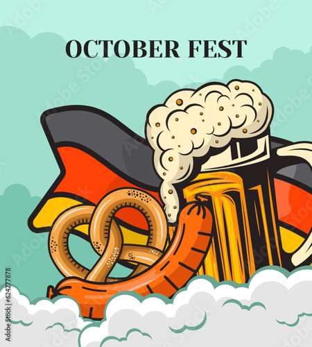 October fest beer festival. Vector october fest poster, cover, flyer and background with hand drawn illustration. Beer glass and flag.
