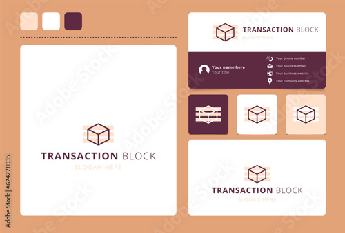 Transaction block logo design with editable slogan. Branding book and business card template.
