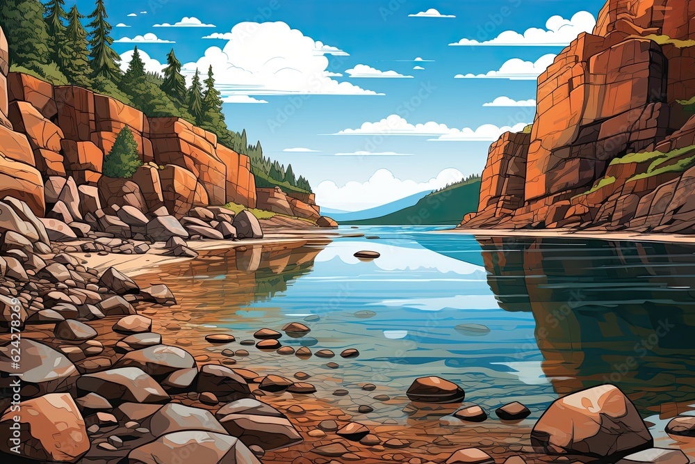 There is a body of water between two large rocks on a rocky beach ...