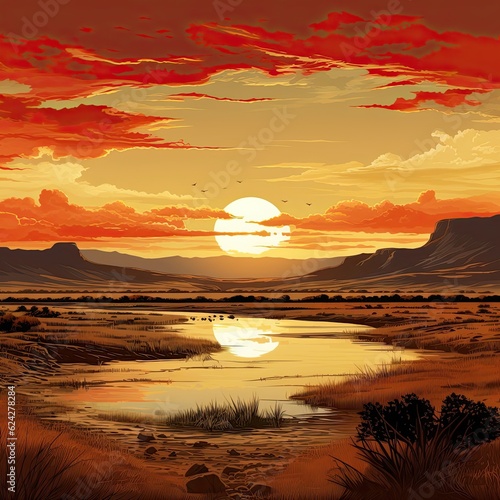 The sun sets over a distant desert plain. (Generative AI)