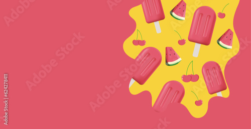 bright juicy banner with ice cream on a stick and fruits. poster with juicy cherries, sweet watermelon and popsicles