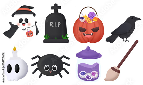 Konstfotografi Halloween clipart set with cute cartoon characters of ghost, pumpkins candy, gra