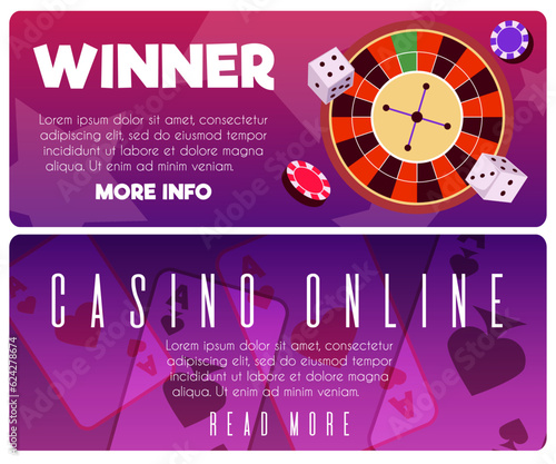 Gambling entertainment vector flyers set  casino roulette table  dices and chips  aces card  online game winner