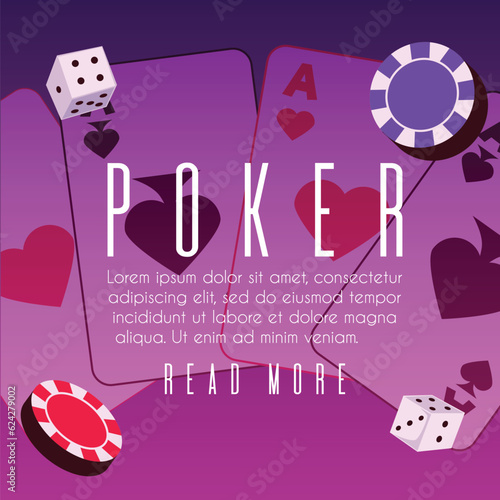 Vector poster on a casino theme with poker symbols and gambling, cards aces, chips, tokens and dices on purple gradient