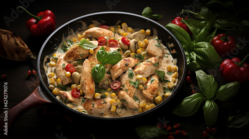 Generative AI image of a creamy chicken skillet with corn, featuring juicy chicken pieces immersed in a luscious sauce, accompanied by golden kernels of corn for a satisfying and comforting meal.