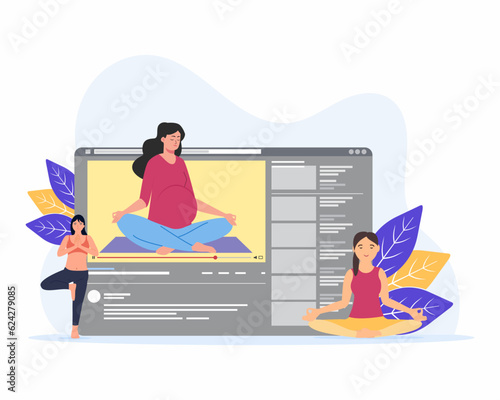 Web screen with video of women meditation exercise on the mat. Online yoga classes Trainer conducts yoga classes using website.