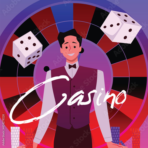 Smiling casino dealer stands in front of roulette table, dice, advertising gambling vector poster with lettering