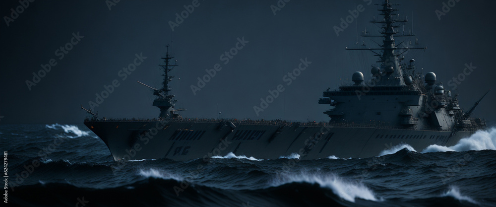 3D Illustration of a warship in a stormy sea.