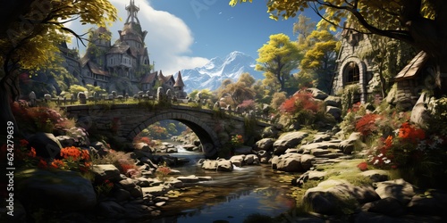 fairytale landscape with stone bridge   generative AI
