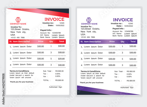  Business Minimal Corporate Invoice design template vector illustration bill form price . Creative template and stationery design payment agreement design template Cash Memo, Vector Quotation Design